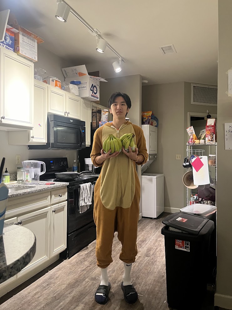 Anthony in a monkey costume holding two bunches of bananas.